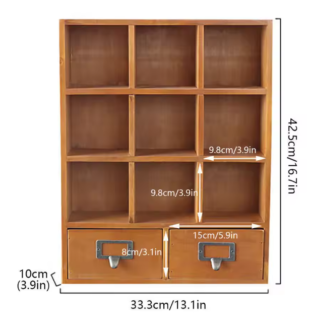 Houten Boekenkast met 9 Vakken & 2 Lades – Vintage Stijl Organizer