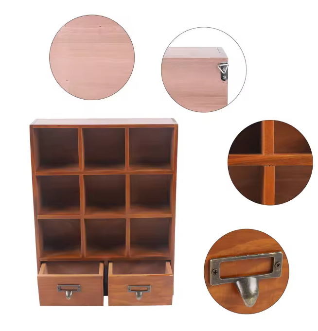 Houten Boekenkast met 9 Vakken & 2 Lades – Vintage Stijl Organizer