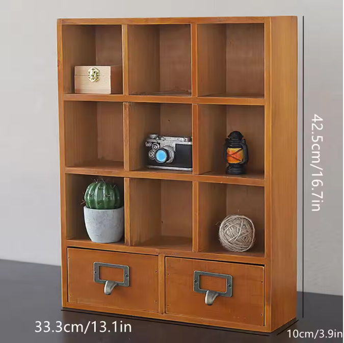 Houten Boekenkast met 9 Vakken & 2 Lades – Vintage Stijl Organizer