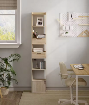 Smal Hoge Boekenkast met 6 Open Vakken, 2 Lades en Deur – Vrijstaande Opbergkast voor Woonkamer, Slaapkamer of Kantoor