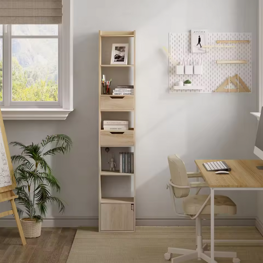 Smal Hoge Boekenkast met 6 Open Vakken, 2 Lades en Deur – Vrijstaande Opbergkast voor Woonkamer, Slaapkamer of Kantoor