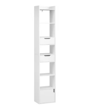 Smal Hoge Boekenkast met 6 Open Vakken, 2 Lades en Deur – Vrijstaande Opbergkast voor Woonkamer, Slaapkamer of Kantoor