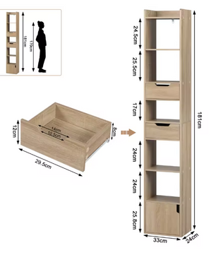 Smal Hoge Boekenkast met 6 Open Vakken, 2 Lades en Deur – Vrijstaande Opbergkast voor Woonkamer, Slaapkamer of Kantoor