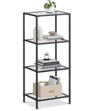 Zwarte Metalen Wandkast met 4 Glazen Planken – Moderne Staande Opbergkast voor Badkamer, Woonkamer of Kantoor