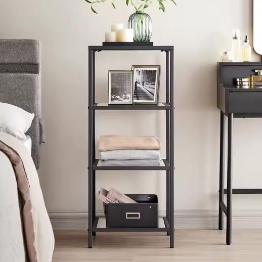 Zwarte Metalen Wandkast met 4 Glazen Planken – Moderne Staande Opbergkast voor Badkamer, Woonkamer of Kantoor