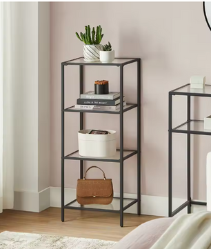 Zwarte Metalen Wandkast met 4 Glazen Planken – Moderne Staande Opbergkast voor Badkamer, Woonkamer of Kantoor