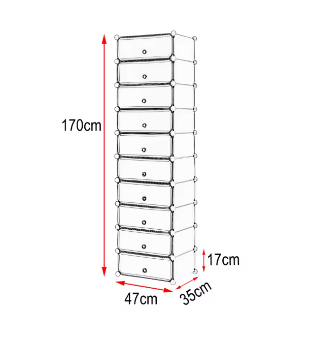 Modulaire Schoenenkast met 10 Vakken – Kunststof Opbergrek 48×36×173 cm voor Woonkamer, Slaapkamer of Hal