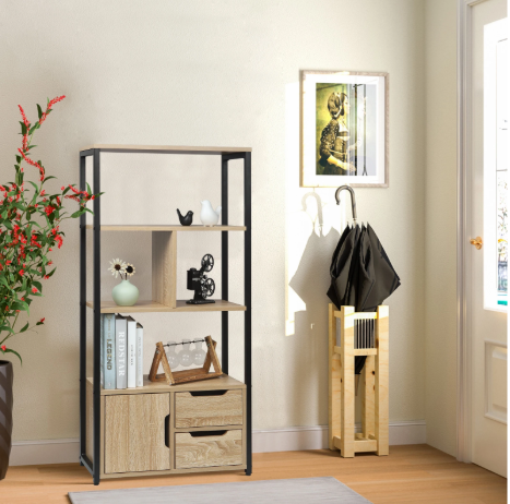 Hoekboekenkast met 3 Lades – Houten Opbergkast met 4 Planken, Compact en Modern Ontwerp voor Woonkamer of Kantoor