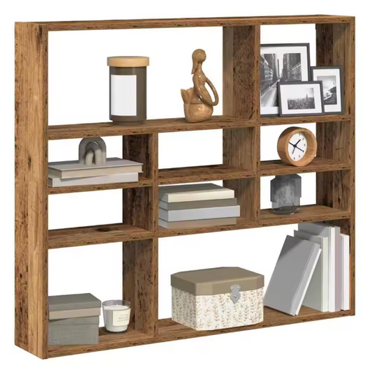 Wandplank in Rustieke Houtstijl – 9 Vakken, 90×16×78 cm, Functionele Wandorganizer van Houtmateriaal