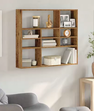 Wandplank in Rustieke Houtstijl – 9 Vakken, 90×16×78 cm, Functionele Wandorganizer van Houtmateriaal