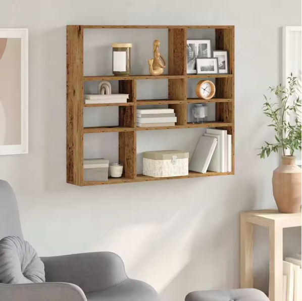 Wandplank in Rustieke Houtstijl – 9 Vakken, 90×16×78 cm, Functionele Wandorganizer van Houtmateriaal