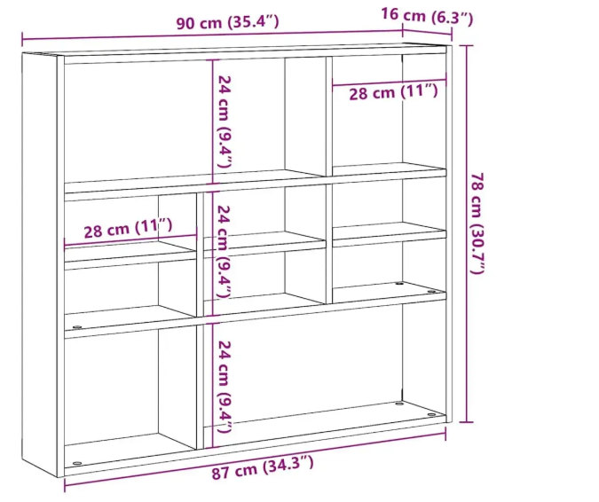 Wandplank in Rustieke Houtstijl – 9 Vakken, 90×16×78 cm, Functionele Wandorganizer van Houtmateriaal