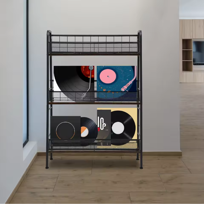 Zwarte 3-Laags LP-Platenkast – Met Roosters en Verstelbare Pootjes, 100 cm Hoog