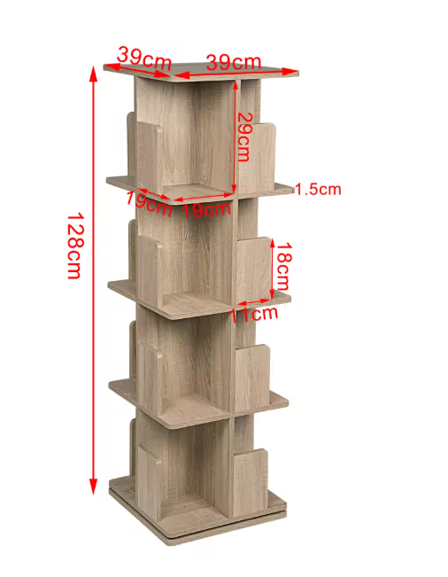 Draaibare Boekenkast 3-Laags – 360° Roterend MDF Opbergrek, 97 cm Hoog