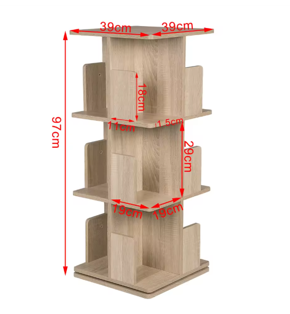 Draaibare Boekenkast 3-Laags – 360° Roterend MDF Opbergrek, 97 cm Hoog