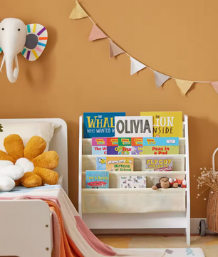 Kinderboekenkast met 4 Vakken – Stoffen Boekrek en Tijdschriftenhouder, 71 cm Hoog