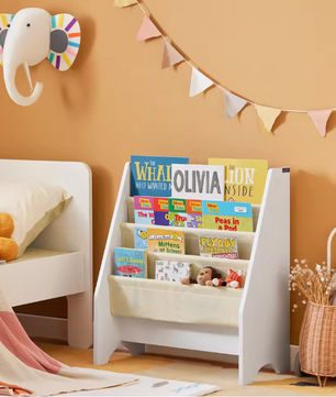 Kinderboekenkast met 4 Vakken – Stoffen Boekrek en Tijdschriftenhouder, 71 cm Hoog