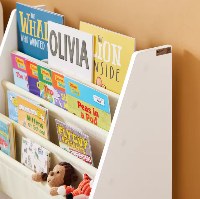 Kinderboekenkast met 4 Vakken – Stoffen Boekrek en Tijdschriftenhouder, 71 cm Hoog
