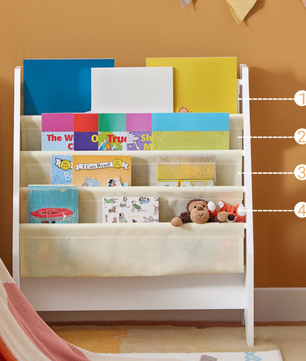 Kinderboekenkast met 4 Vakken – Stoffen Boekrek en Tijdschriftenhouder, 71 cm Hoog