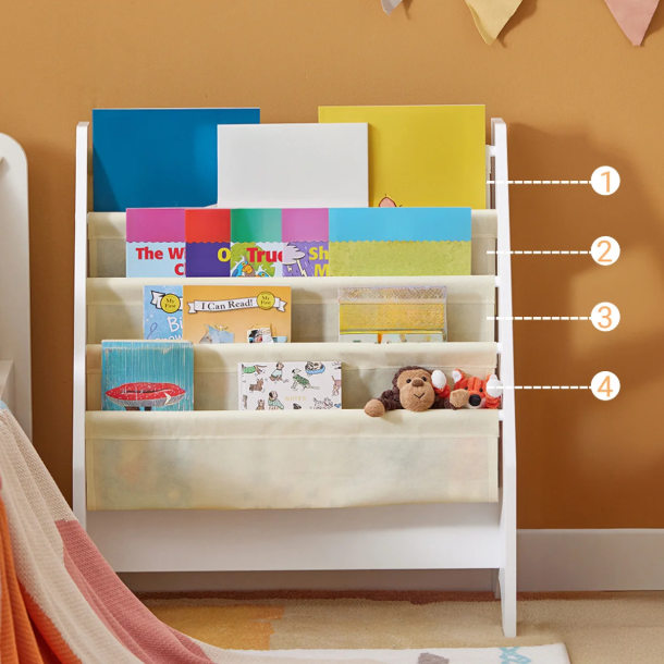 Kinderboekenkast met 4 Vakken – Stoffen Boekrek en Tijdschriftenhouder, 71 cm Hoog