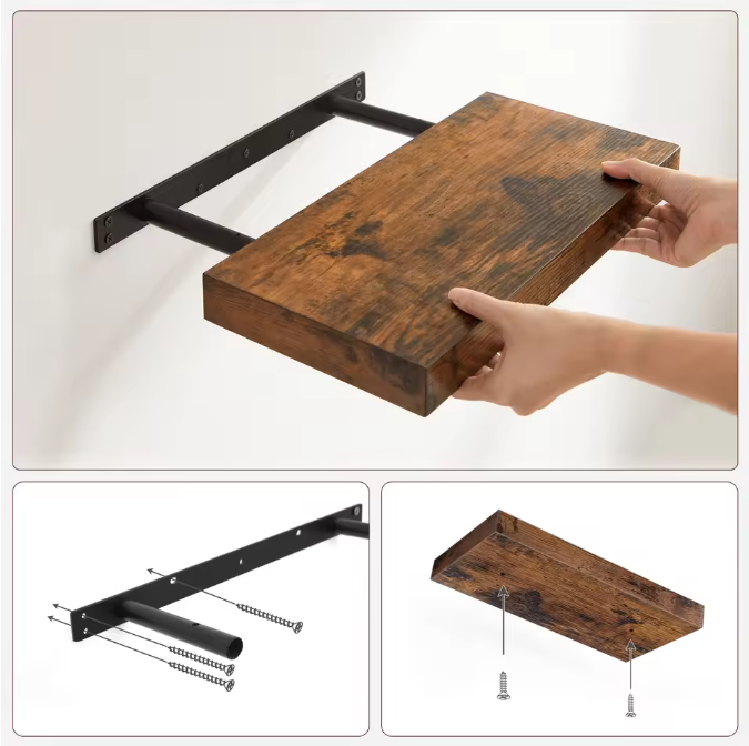 Vintage Wandplank – Zwevend Opbergrek van MDF en Staal 40x20x3,8 cm