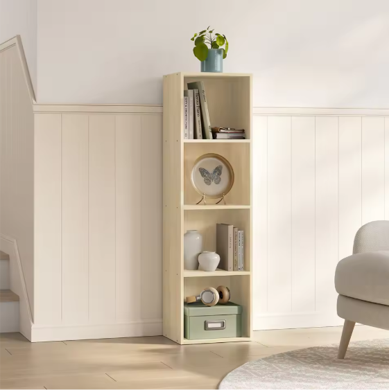 Smalle Boekenkast met 4 Vakken – Staand Opbergrek in Eikenhout 24x30x106 cm