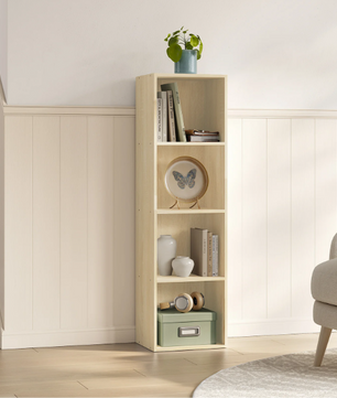 Smalle Boekenkast met 4 Vakken – Staand Opbergrek in Eikenhout 24x30x106 cm