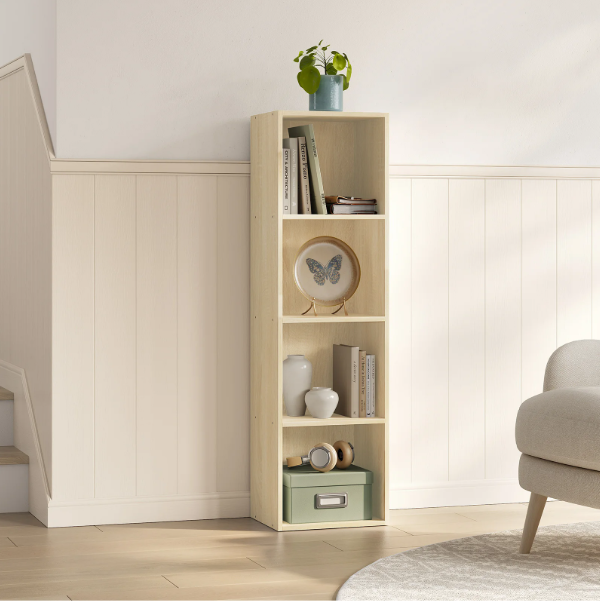 Smalle Boekenkast met 4 Vakken – Staand Opbergrek in Eikenhout 24x30x106 cm