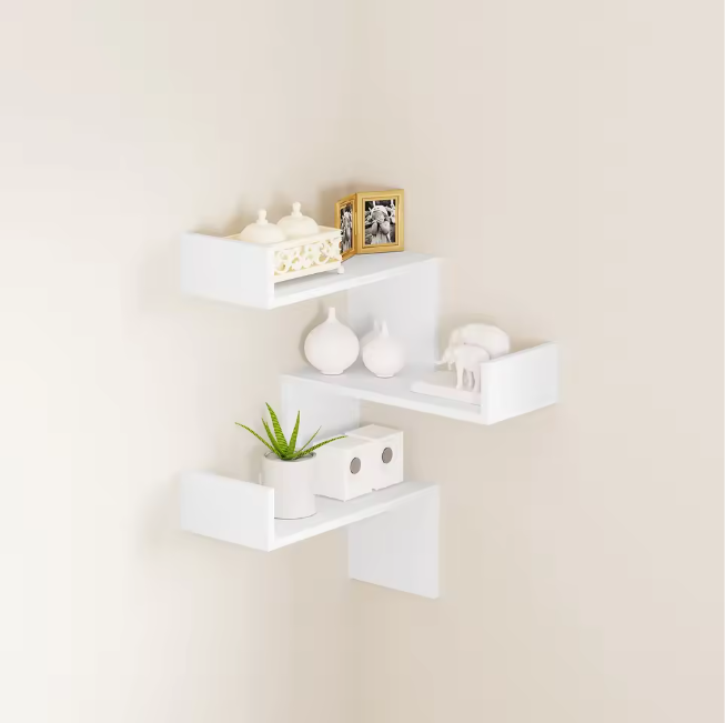 Witte Hoek Wandplank met 3 Niveaus – Zwevend Rek 73 cm