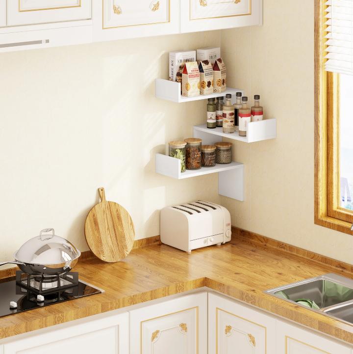 Witte Hoek Wandplank met 3 Niveaus – Zwevend Rek 73 cm