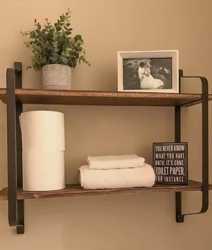 Industriële Wandplank met 2 Lagen – Houten Opbergrek van Metaal en Den, 60x15x51,5 cm