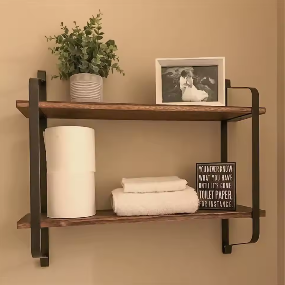 Industriële Wandplank met 2 Lagen – Houten Opbergrek van Metaal en Den, 60x15x51,5 cm