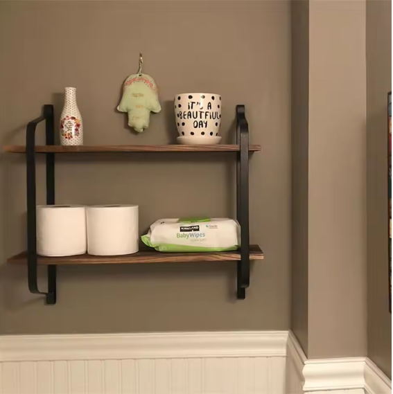 Industriële Wandplank met 2 Lagen – Houten Opbergrek van Metaal en Den, 60x15x51,5 cm