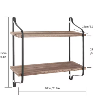 Industriële Wandplank met 2 Lagen – Houten Opbergrek van Metaal en Den, 60x15x51,5 cm