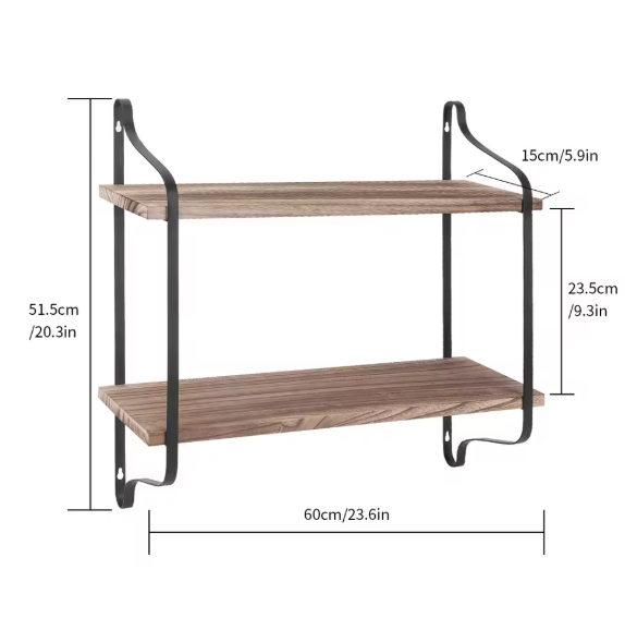 Industriële Wandplank met 2 Lagen – Houten Opbergrek van Metaal en Den, 60x15x51,5 cm