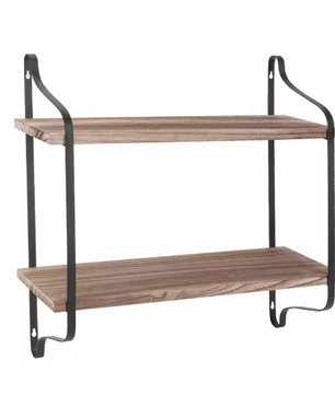 Industriële Wandplank met 2 Lagen – Houten Opbergrek van Metaal en Den, 60x15x51,5 cm