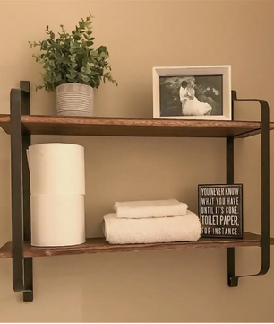 Industriële Wandplank met 2 Lagen – Houten Opbergrek van Metaal en Den, 60x15x51,5 cm