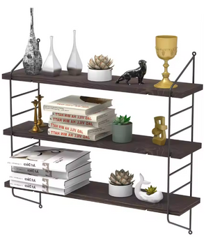 Industriële Wandplank met 3 Lagen – Zwevend Houten Wandrek 58x15x54,5 cm