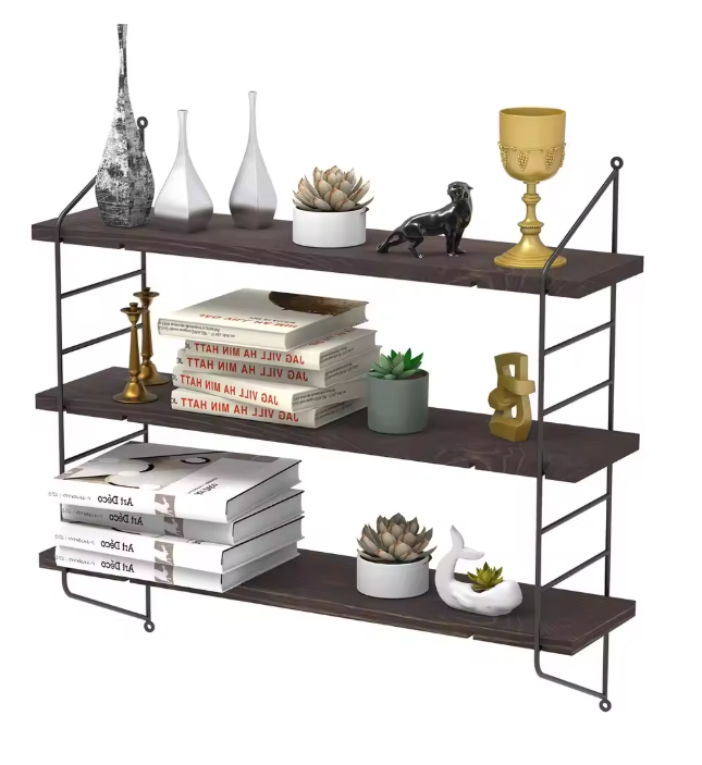 Industriële Wandplank met 3 Lagen – Zwevend Houten Wandrek 58x15x54,5 cm