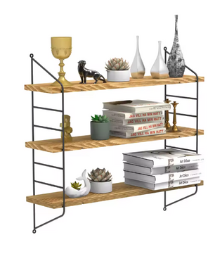 Industriële Wandplank met 3 Lagen – Zwevend Houten Wandrek 58x15x54,5 cm