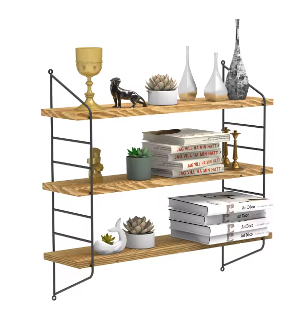 Industriële Wandplank met 3 Lagen – Zwevend Houten Wandrek 58x15x54,5 cm