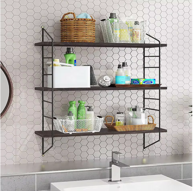 Industriële Wandplank met 3 Lagen – Zwevend Houten Wandrek 58x15x54,5 cm