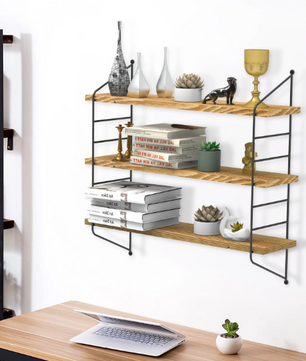 Industriële Wandplank met 3 Lagen – Zwevend Houten Wandrek 58x15x54,5 cm