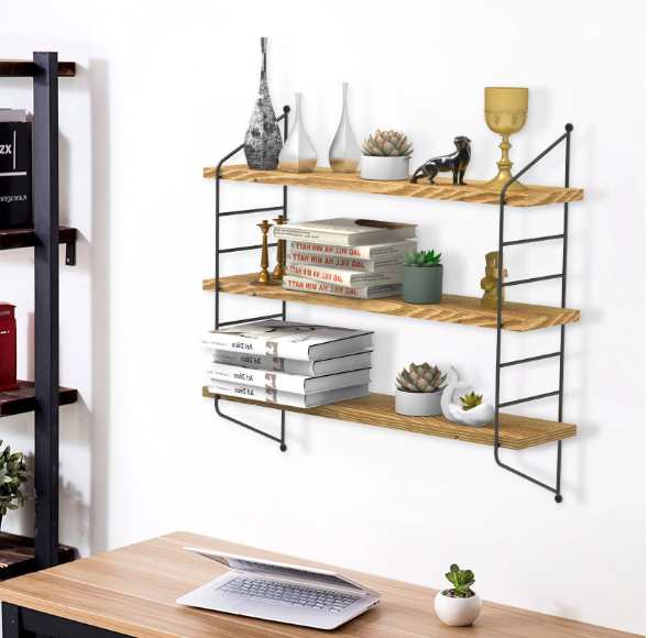 Industriële Wandplank met 3 Lagen – Zwevend Houten Wandrek 58x15x54,5 cm