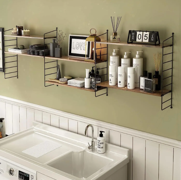 Industriële Wandplank met 3 Lagen – Zwevend Houten Wandrek 58x15x54,5 cm