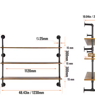 Industriële Wandplank met 3 Lagen – Houten Opbergrek van Metaal 61x20x72,5 cm