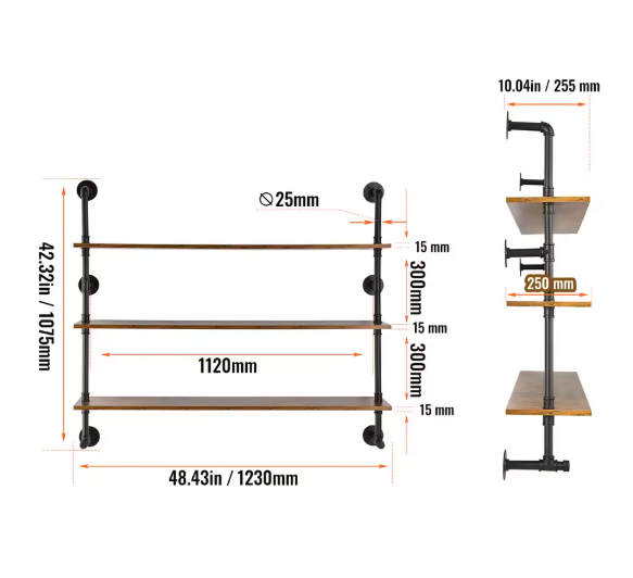 Industriële Wandplank met 3 Lagen – Houten Opbergrek van Metaal 61x20x72,5 cm