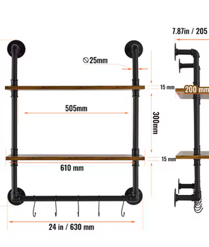 Industriële Wandplank met 3 Lagen – Houten Opbergrek van Metaal 61x20x72,5 cm