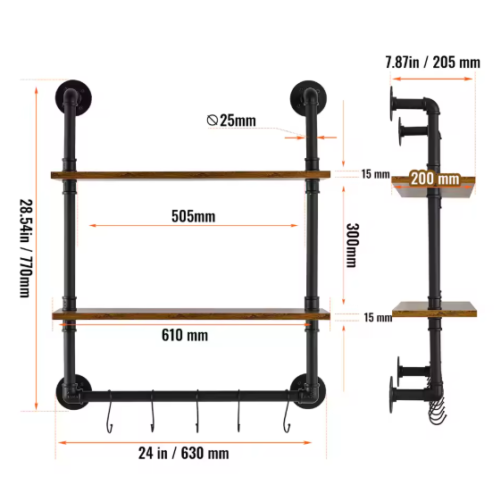 Industriële Wandplank met 3 Lagen – Houten Opbergrek van Metaal 61x20x72,5 cm