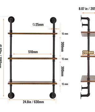 Industriële Wandplank met 3 Lagen – Houten Opbergrek van Metaal 61x20x72,5 cm